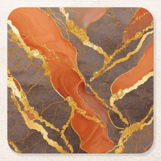 Dessous-de-verre Carré En Papier Motif marbre orange avec or (Devant)