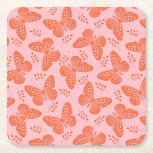 Dessous-de-verre Carré En Papier Motif papillon orange sur arrière - plan rose
