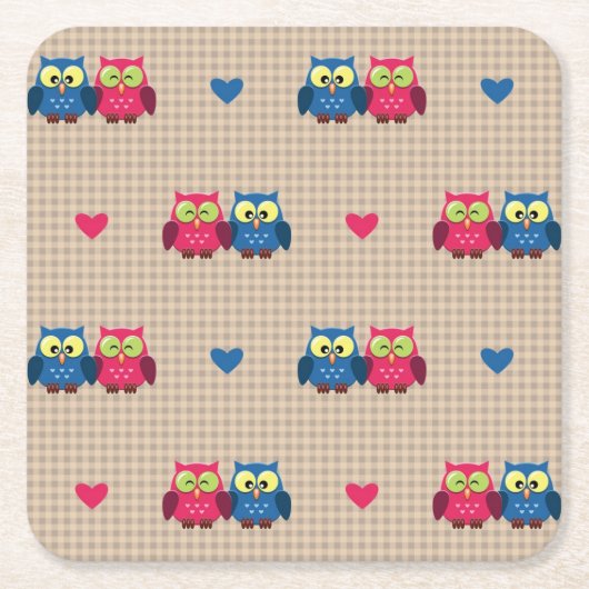 Dessous-de-verre Carré En Papier Motif vérifié avec des hiboux d'amour (Devant)