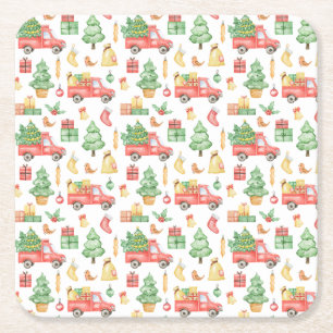 Dessous-de-verre Carré En Papier Motif Vintage de camion rouge Noël