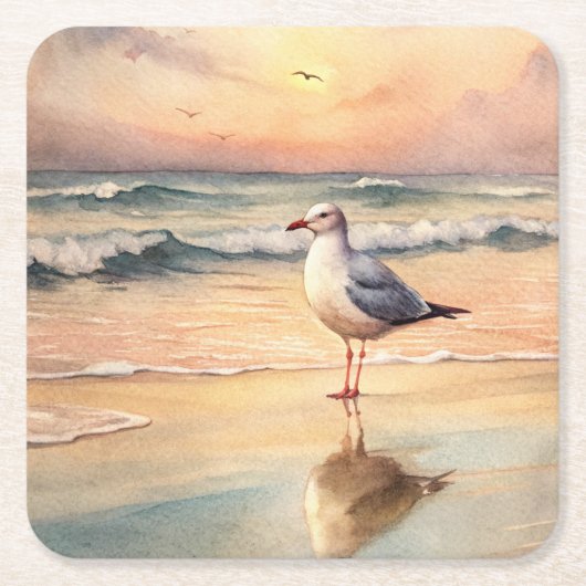 Dessous-de-verre Carré En Papier Mouette sur une plage (Devant)