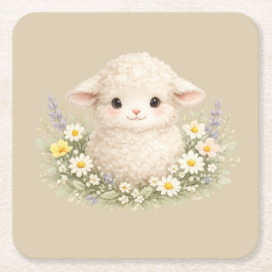 Dessous-de-verre Carré En Papier Moutons Fantaisistes et Fleurs Sauvages pour un Ch