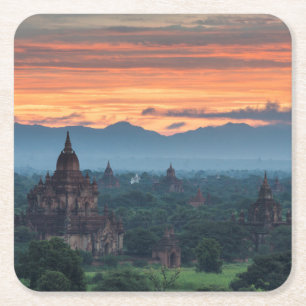 Dessous-de-verre Carré En Papier Myanmar, lever de soleil à Bagan