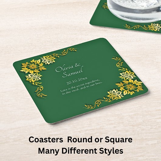 Dessous-de-verre Carré En Papier Names Date Message Emerald Green & Gold