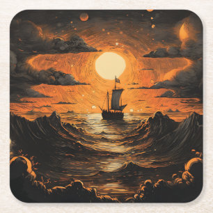 Dessous-de-verre Carré En Papier Navire naviguant la nuit