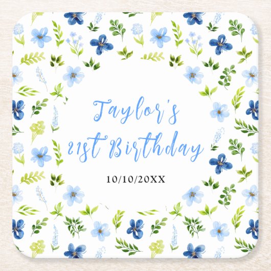 Dessous-de-verre Carré En Papier Navy and Baby Blue Floral Birthday (Devant)