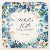 Dessous-de-verre Carré En Papier Navy Dusty Blue Floral 40e fête d'anniversaire (Devant)