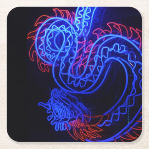 Dessous-de-verre Carré En Papier Neon Blue Dragon Black Arrière - plan brillant