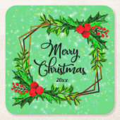 Dessous-de-verre Carré En Papier Noël 20xx Holly Red Berries Vert moderne (Devant)