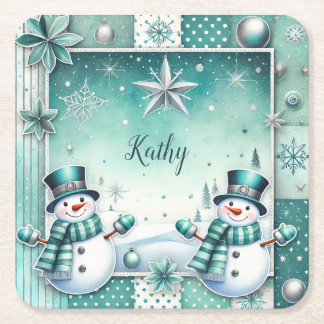 Dessous-de-verre Carré En Papier Noël : bonhommes de neige turquoise