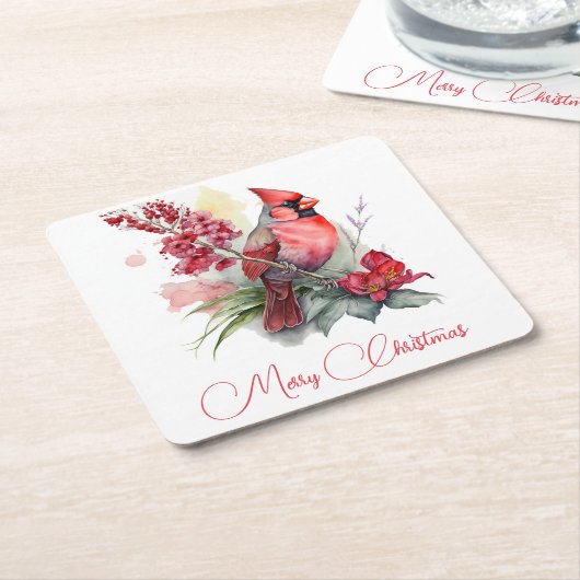 Dessous-de-verre Carré En Papier Noël cardinal aquarelle (Incliné)