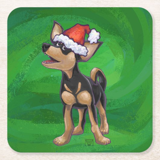 Dessous-de-verre Carré En Papier Noël Chihuahua sur vert (Devant)