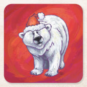 Dessous-de-verre Carré En Papier Noël de l'ours polaire sur le rouge (Devant)