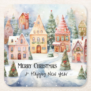 Dessous-de-verre Carré En Papier Noël de ville en aquarelle colorée charmante