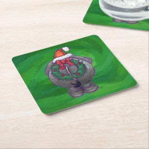 Dessous-de-verre Carré En Papier Noël d'éléphant sur le vert