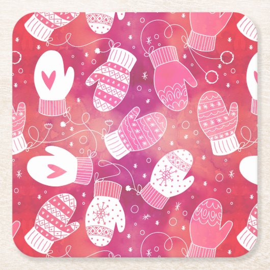 Dessous-de-verre Carré En Papier Noël d'hiver Mittens Motif en rose (Devant)