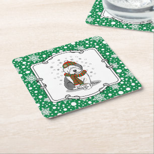 Dessous-de-verre Carré En Papier Noël d'hiver Vieux anglais Chien de mouton gris 1