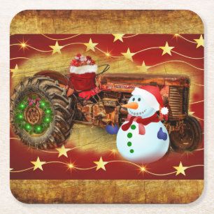 Dessous-de-verre Carré En Papier Noël du tracteur rouge Vintage Frosty