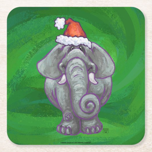 Dessous-de-verre Carré En Papier Noël Eléphant Sur Vert (Devant)