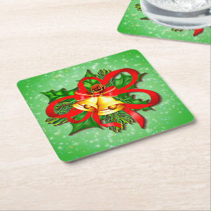 Dessous-de-verre Carré En Papier Noël Gold Bells Green Holly Red Ribbon