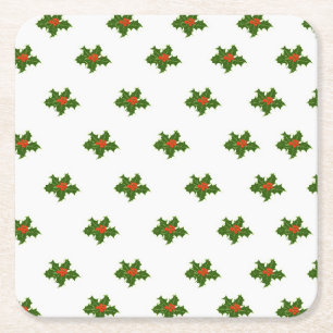 Dessous-de-verre Carré En Papier Noël Holly Motif Red Berries Feuilles verts