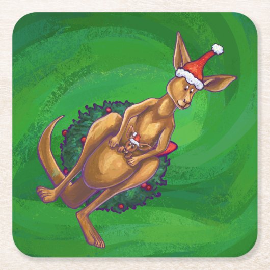Dessous-de-verre Carré En Papier Noël Kangaroo sur le dos vert peint (Devant)