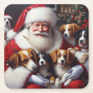 Dessous-de-verre Carré En Papier Noël Père Noël avec Chiens 2