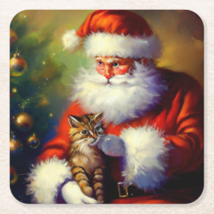 Dessous-de-verre Carré En Papier Noël Père Noël et un chat 1