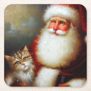 Dessous-de-verre Carré En Papier Noël Père Noël et un chat 2