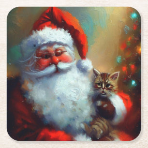 Dessous-de-verre Carré En Papier Noël Père Noël et un chat 4