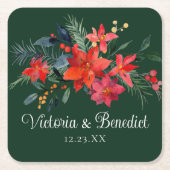 Dessous-de-verre Carré En Papier Noël Poinsettia Élégant Mariage Floral Vert (Devant)