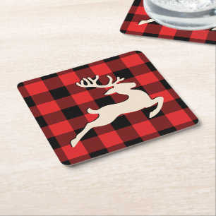 Dessous-de-verre Carré En Papier Noël Vacances Cerf Rouge Noir En vichy
