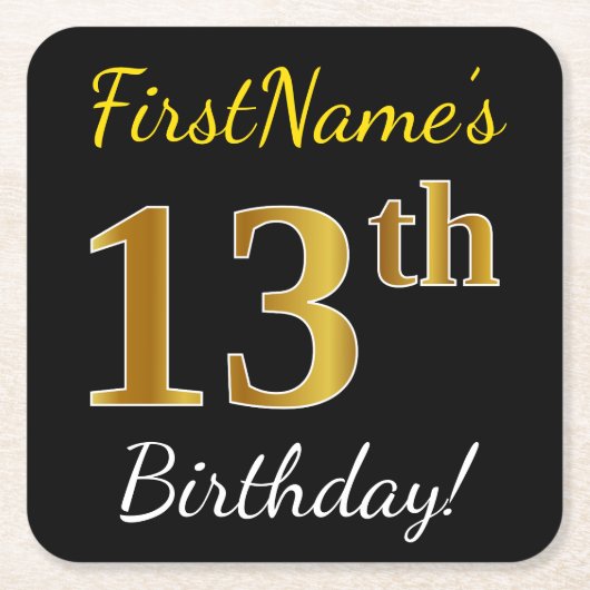 Dessous-de-verre Carré En Papier Noir, Faux Or 13ème anniversaire + Nom personnalis (Devant)