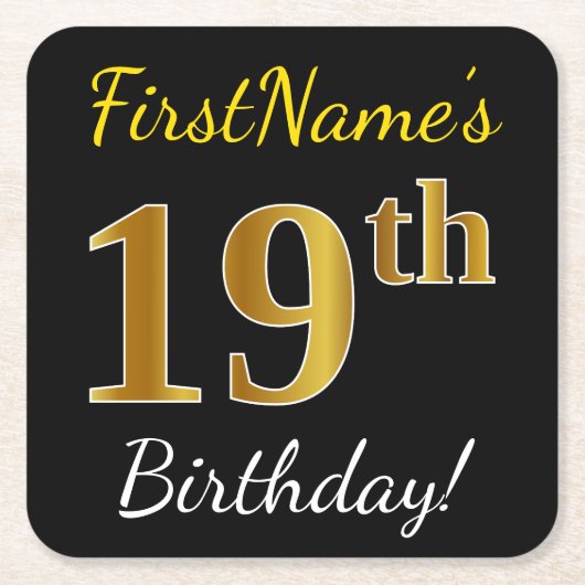 Dessous-de-verre Carré En Papier Noir, Faux Or 19e anniversaire + Nom personnalisé (Devant)