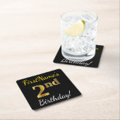 Dessous-de-verre Carré En Papier Noir, Faux Or 2ème anniversaire + Nom personnalisé (En situation)