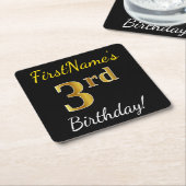 Dessous-de-verre Carré En Papier Noir, Faux Or 3ème anniversaire + Nom personnalisé (Incliné)