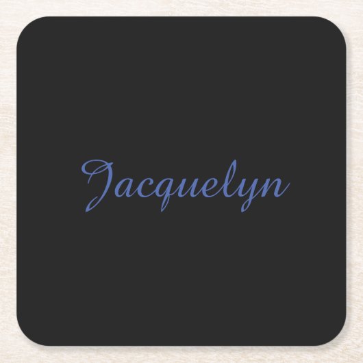 Dessous-de-verre Carré En Papier Noir Neutre & Bleu Plaine Élégant Moderne Nom prop (Devant)