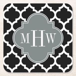 Dessous-de-verre Carré En Papier Noir Wht Marocain #5 Charbon 3 Initial Monogramme