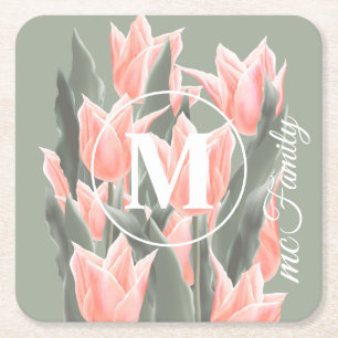 Dessous-de-verre Carré En Papier Nom De Famille Élégant Monogramme Peach Tulips P