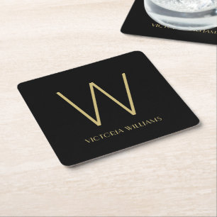 Dessous-de-verre Carré En Papier Nom de monogramme minimaliste d'or noir moderne