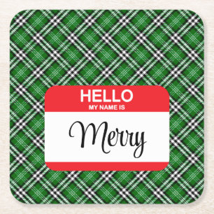 Dessous-de-verre Carré En Papier Nom de Noël Balise MERRY Green Plaid Red Fun