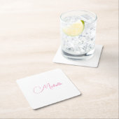 Dessous-de-verre Carré En Papier Nom d'écriture moderne professionnel rose blanc (En situation)