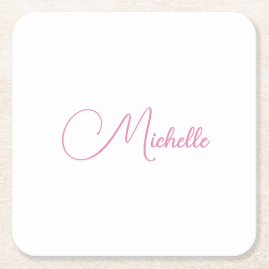 Dessous-de-verre Carré En Papier Nom d'écriture moderne professionnel rose blanc (Devant)