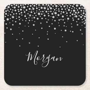 Dessous-de-verre Carré En Papier Nom DIY Écriture Blanche & Diamants Blancs, Noir