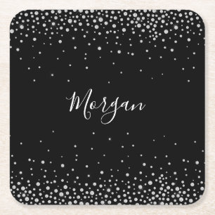 Dessous-de-verre Carré En Papier Nom DIY Écriture Blanche & Diamants Blancs, Noir V