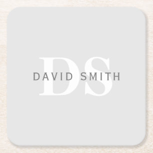 Dessous-de-verre Carré En Papier Nom et monogramme modernes   Blanc gris clair et f
