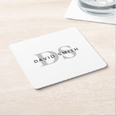 Dessous-de-verre Carré En Papier Nom et monogramme modernes | Blanc noir et gris (Incliné)