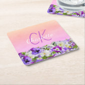Dessous-de-verre Carré En Papier Nom floral rose violet script monogramme (Incliné)
