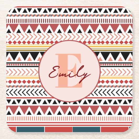 Dessous-de-verre Carré En Papier Nom personnalisé Aztec Elegance Rouge chaud Motif (Devant)