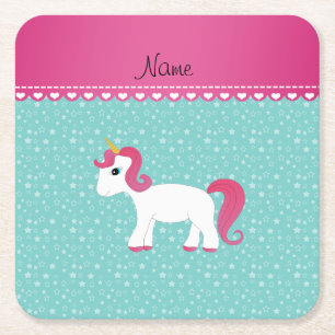 Dessous-de-verre Carré En Papier Nom personnalisé licorne étoiles turquoise
